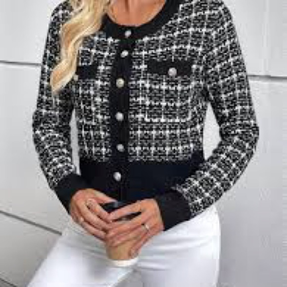 SHEIN Black and White Plaid Cardigan